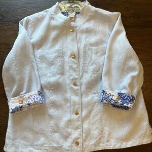 Chico's 100% Linen Blue Floral/Paisley Reversible Snap Lightweight Jacket Size 2
